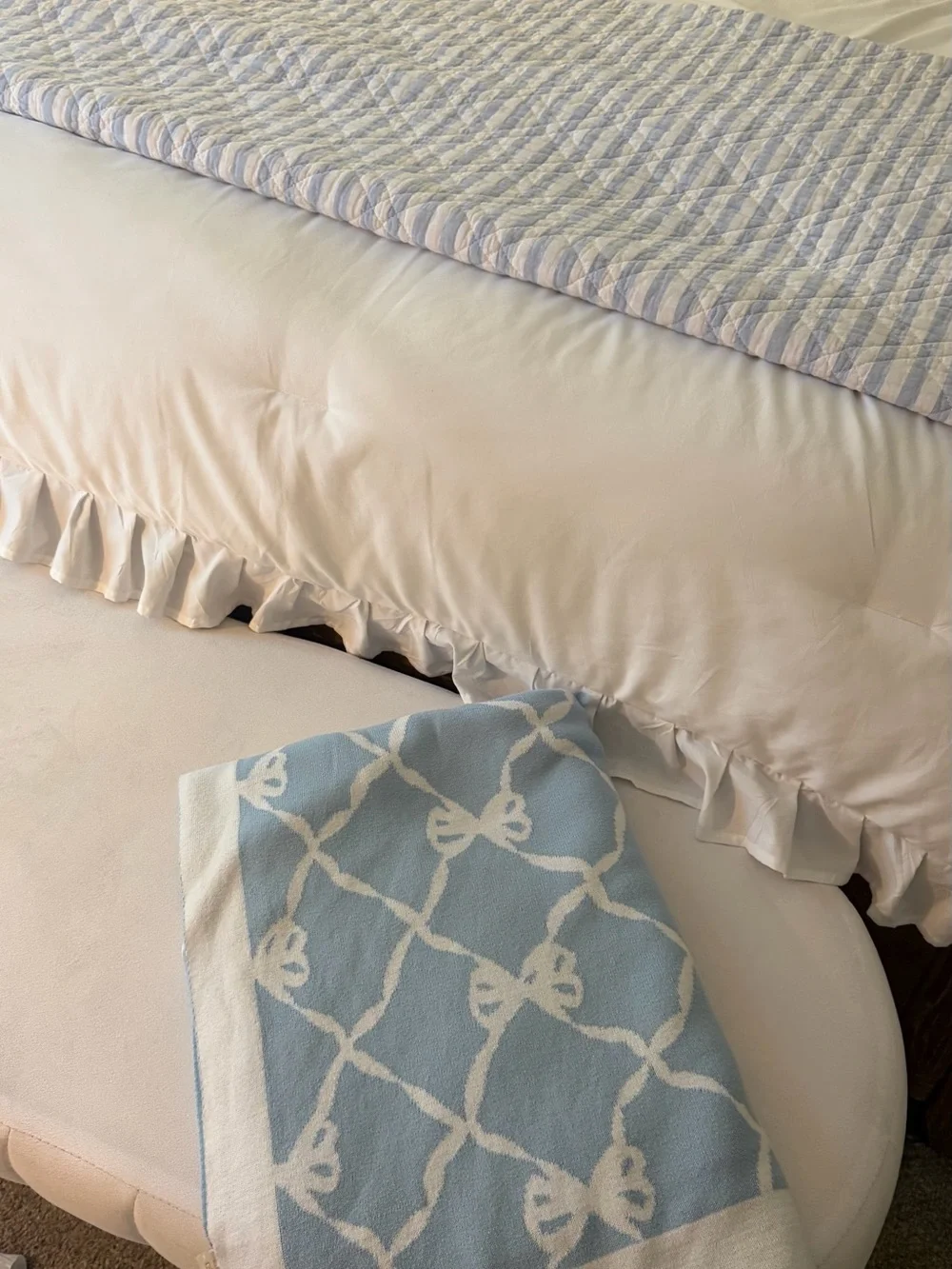 loveshackfancy bow throw blanket blue and white reversible